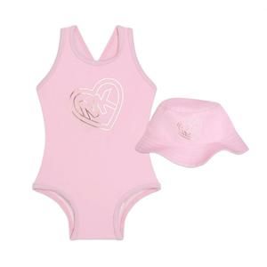NEW MICHAEL KORS girls monogram print swimsuit + hat set in pink